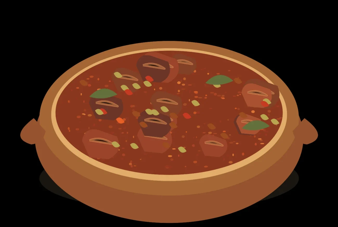 Ilustración editorial de Carne de cabra compuesta: guiso lento y salsa especiada