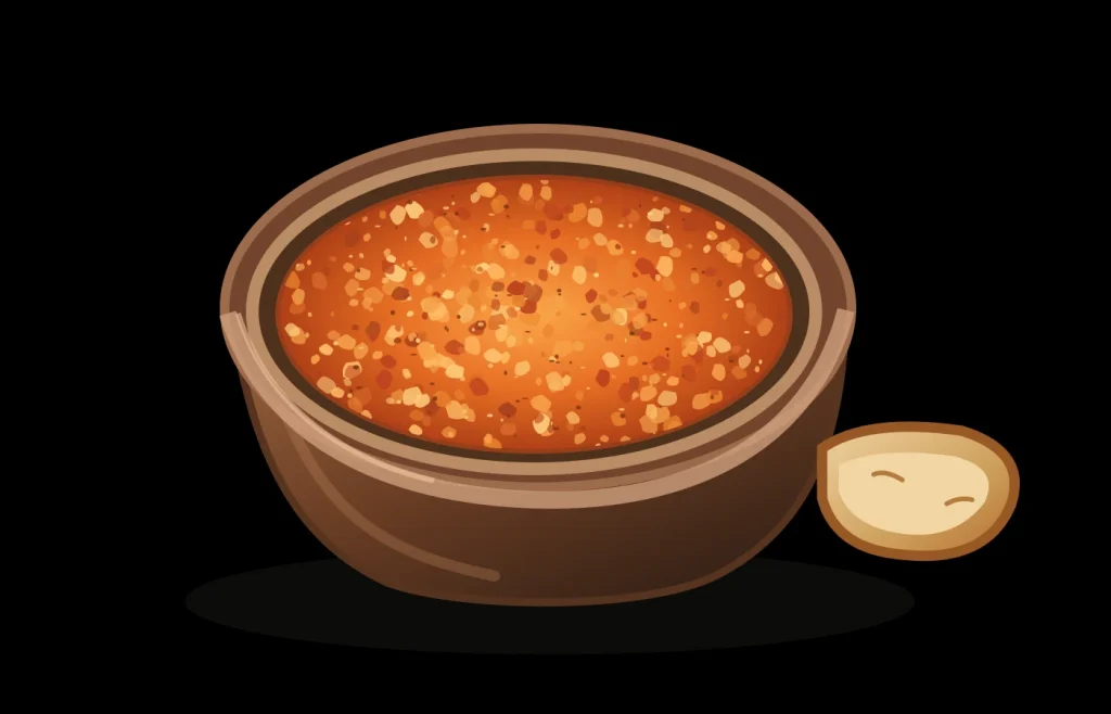 Ilustración de almogrote gomero de queso curado espeso y granulado, en cuenco con pan bizcochado, sobre fondo negro