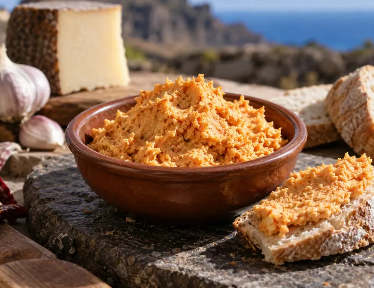 Almogrote gomero de queso curado con pan bizcochado