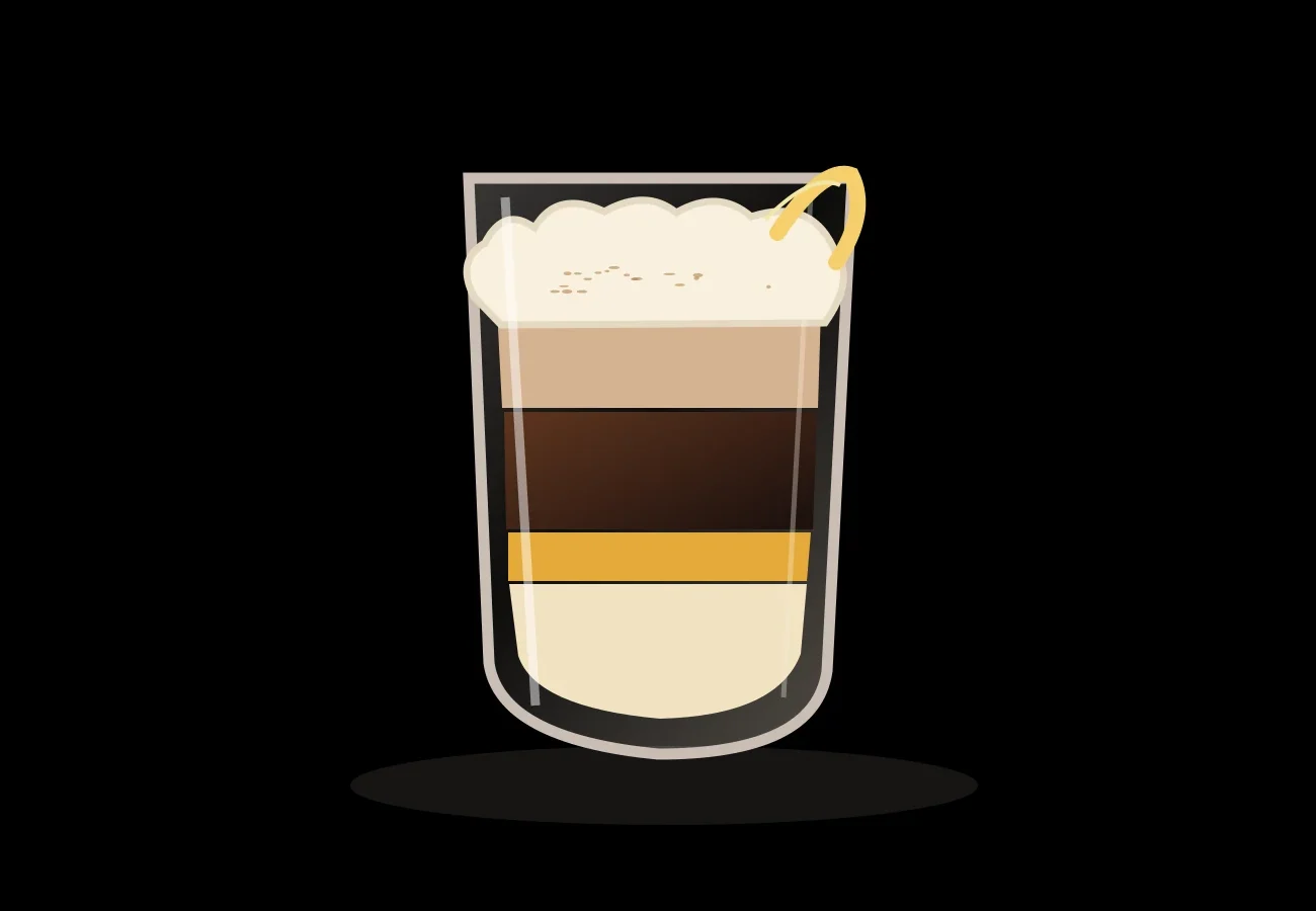 Ilustración de un barraquito de Tenerife servido en vaso transparente con distintas capas de leche condensada, licor, café y espuma, corteza de limón sobre fondo negro