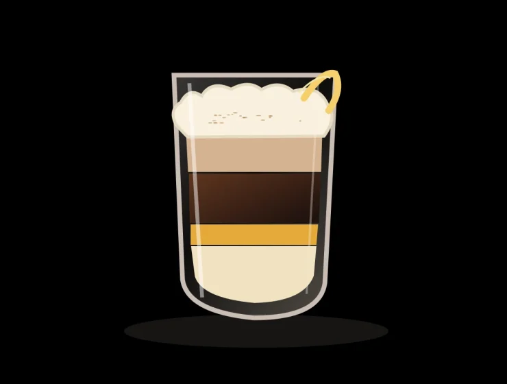 Ilustración de un barraquito de Tenerife servido en vaso transparente con distintas capas de leche condensada, licor, café y espuma, corteza de limón sobre fondo negro