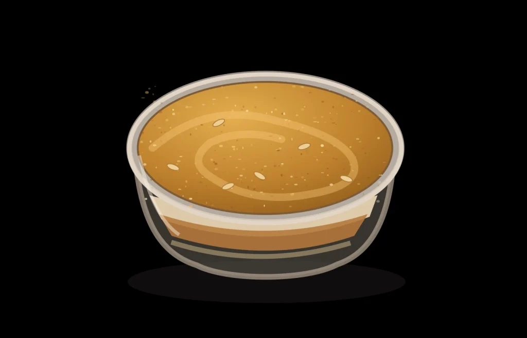 Bienmesabe canario ilustrado como una crema espesa de almendras y almíbar en un pequeño recipiente de cristal, fondo negro