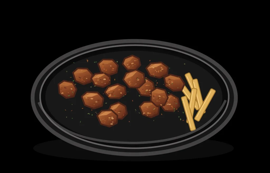 Carne fiesta canaria ilustrada en fuente con dados de cerdo dorado con adobo rojo, perejil y unas papas fritas, fondo negro