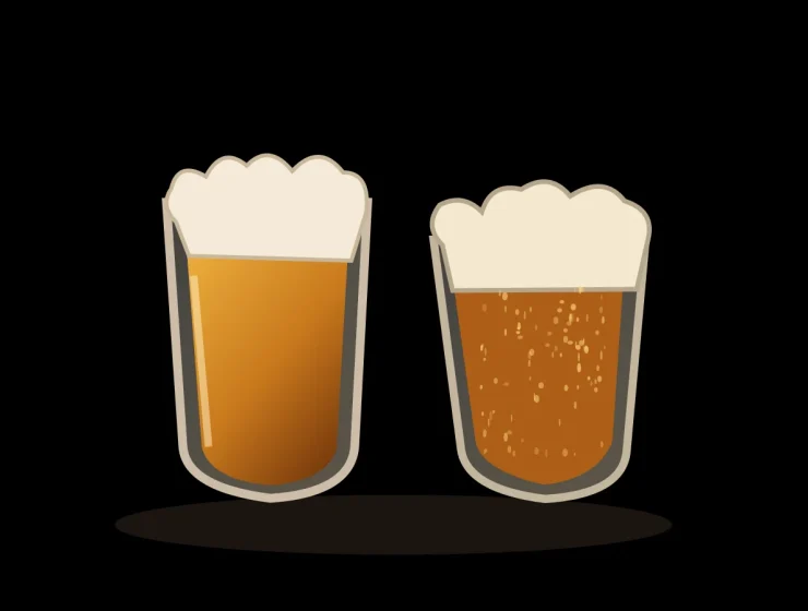 Ilustración de dos vasos de cerveza con espuma, sin envases ni marcas, sobre fondo negro