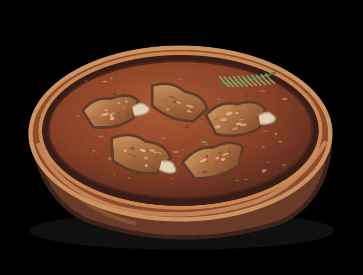 Conejo en salmorejo canario ilustrado en una cazuela de barro, con trozos de conejo dorados en adobo y hierbas sobre fondo negro