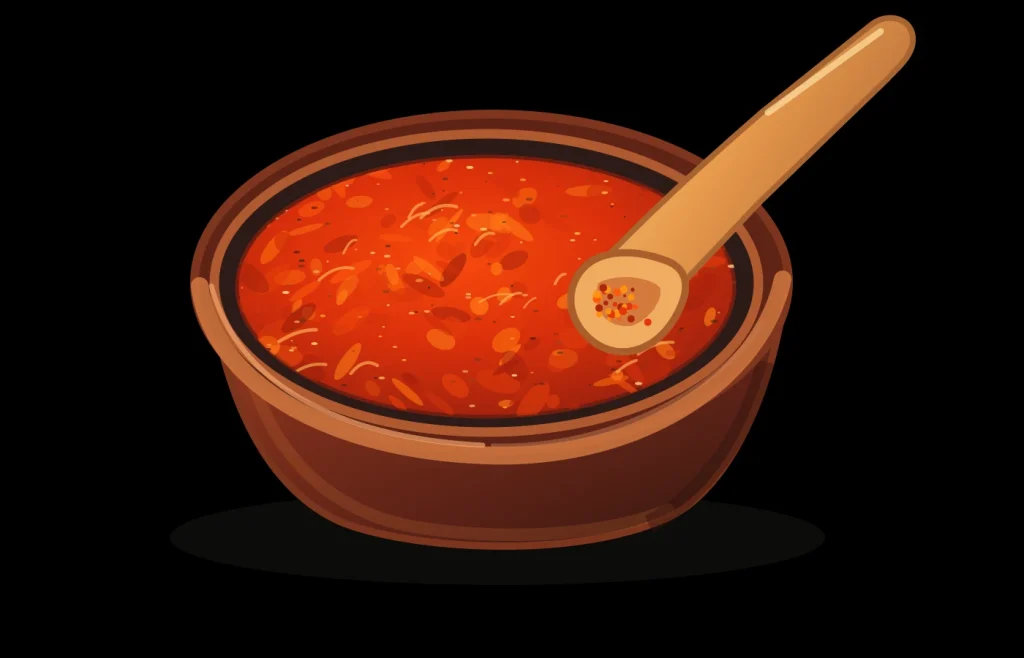 Ilustración del mojo picón servido en un cuenco de barro con salsa roja espesa y cuchara de madera sobre fondo negro