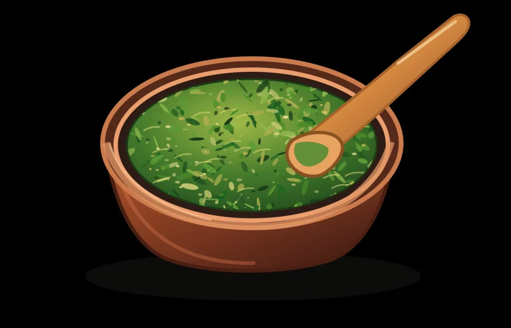 Ilustración de mojo verde canario con cilantro, ajo y aceite en cuenco de barro, sobre fondo negro