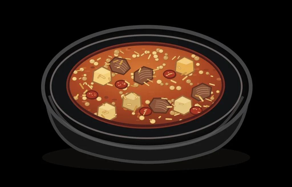 Rancho canario ilustrado con garbanzos, fideos gruesos, papas, carne de ternera y rodajas de chorizo en caldo rojo y cuenco oscuro sobre fondo negro