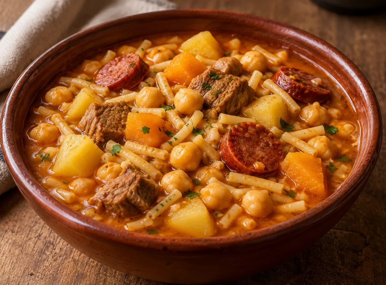 Rancho canario servido en cuenco de barro con garbanzos, fideos gruesos, papas, calabaza, carne y chorizo