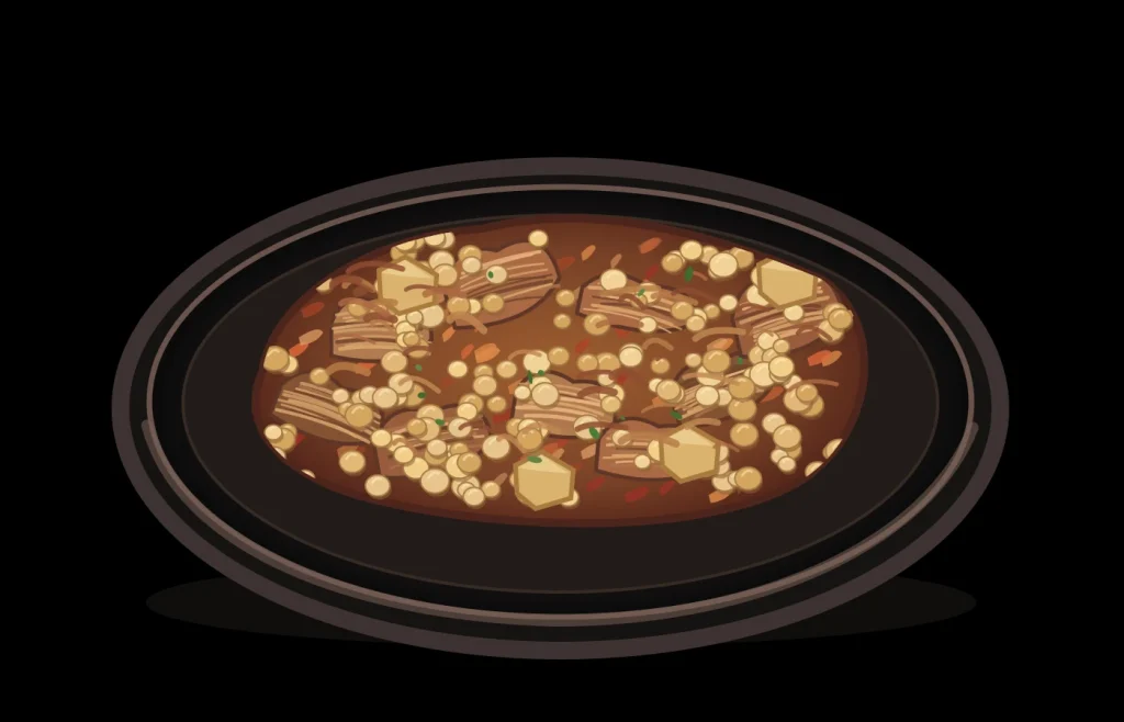 Ilustración de ropa vieja canaria en fuente oscura, con garbanzos, carne y pollo desmenuzados y algunas papas, sobre fondo negro