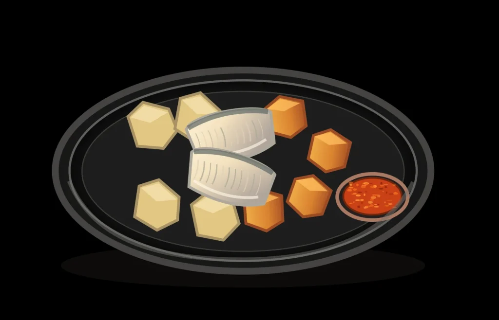 Sancocho canario ilustrado en fuente con trozos de cherne desalado cocido, papas, batata naranja y mojo servido en cuenco pequeño, fondo negro