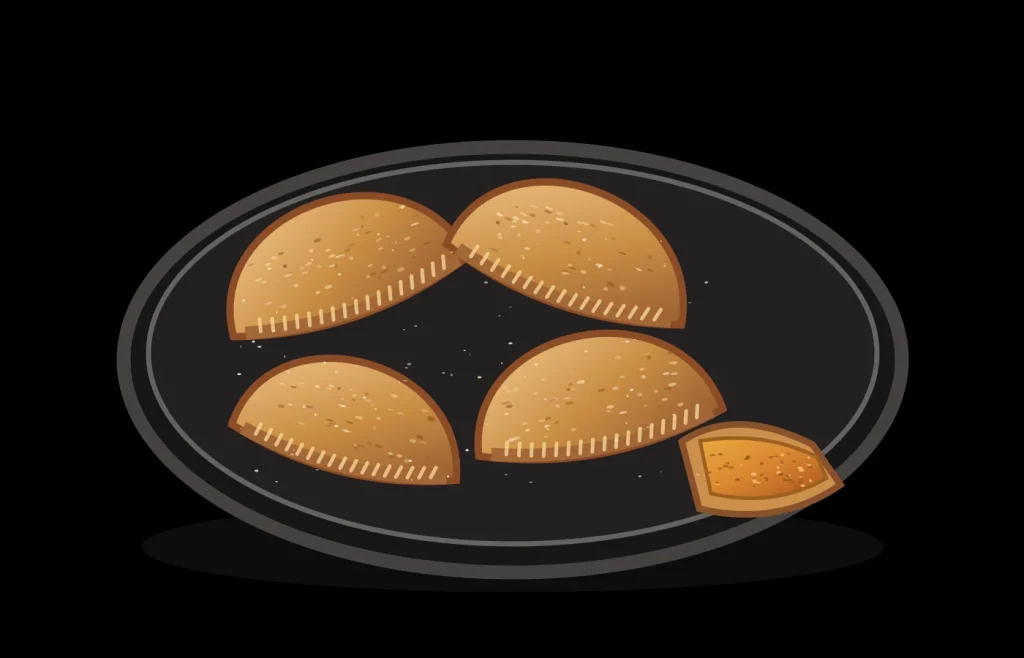 Truchas canarias de batata, empanadillas dulces de media luna doradas con borde marcado de tenedor y una abierta mostrando relleno de batata, ilustración editorial sobre negro
