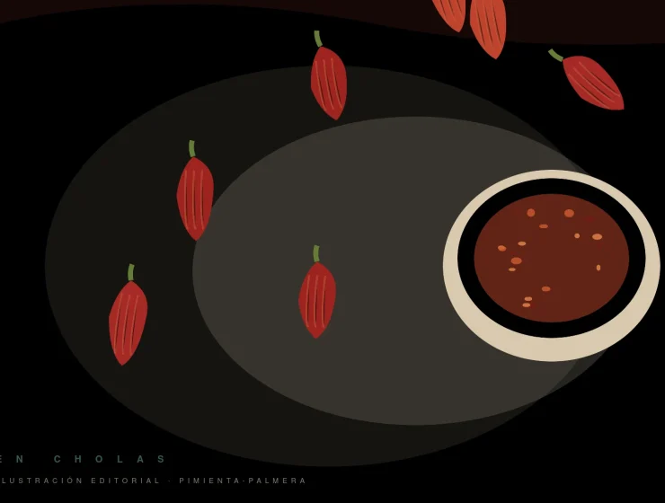 Ilustración editorial de pimientas de mojo secas, rojas y arrugadas junto a un mortero con salsa roja; no identifica una variedad botánica concreta