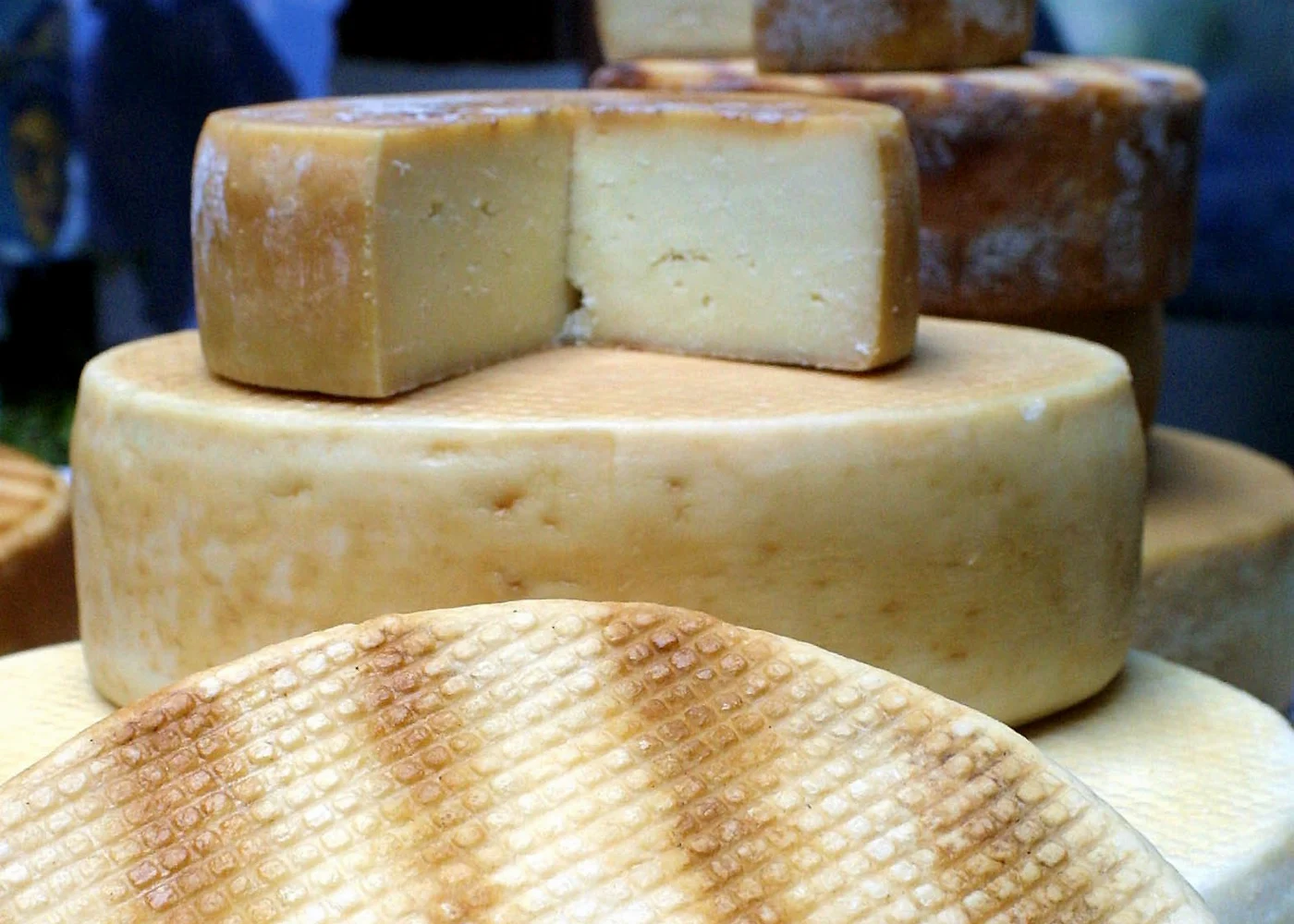 Quesos palmeros enteros de diferentes curaciones y un queso cortado que deja ver su pasta, con bandas del ahumado en la corteza