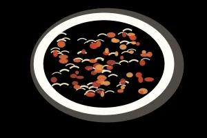 Cebolla, pimiento y tomate pochados para el sofrito del rancho canario, ilustración editorial
