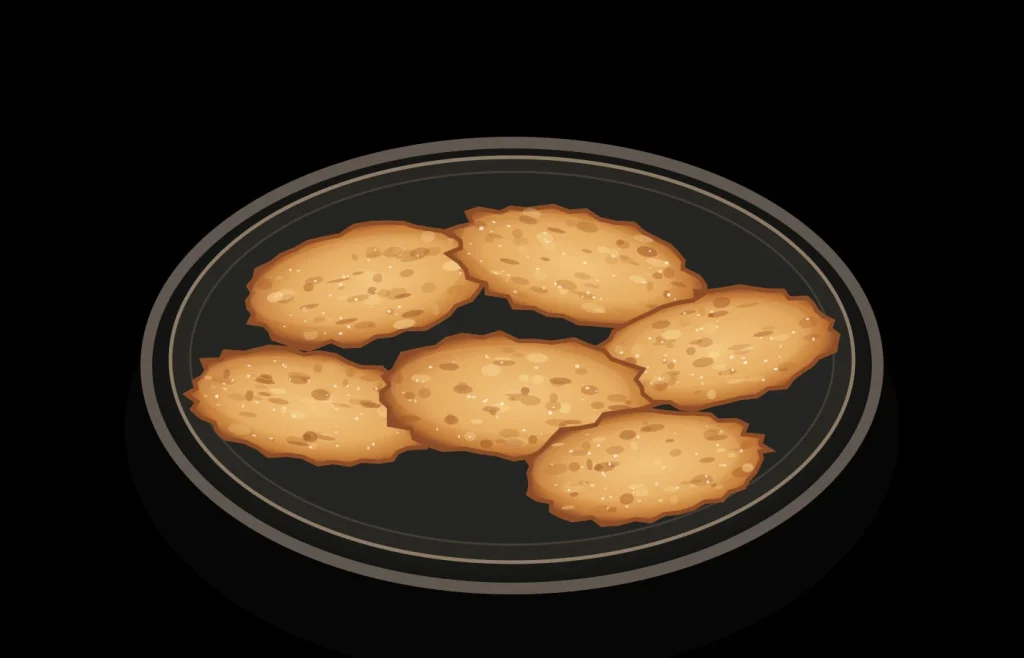 Ilustración original de tortillas de Carnaval canarias: tortitas finas, irregulares y doradas, en una fuente oscura sobre fondo negro.