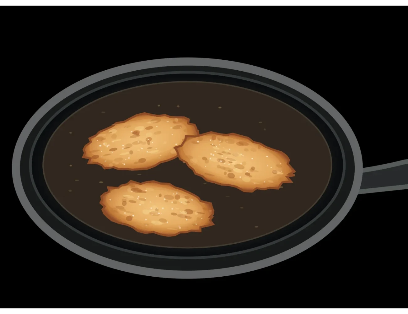 Representación editorial de tortillas de Carnaval dorándose en una sartén con un poco de aceite; no es una fotografía.