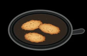 Ilustración de tortitas de Carnaval finas y doradas cocinándose en una sartén.